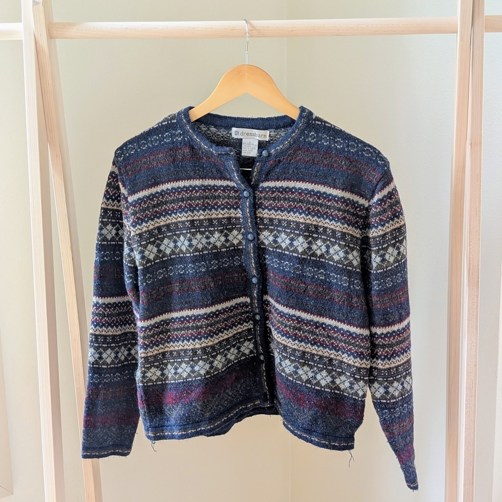Vintage Fair Isle Abstract Geometric Button Front Cardigan Sweater In Navy - Picture 2 of 5